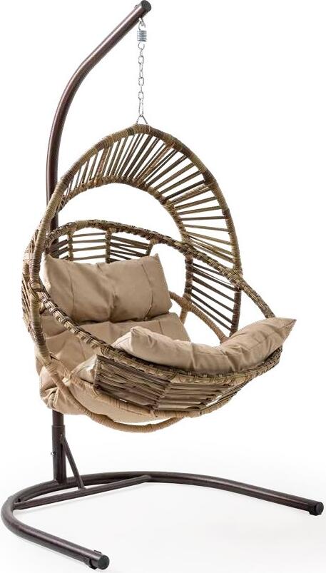 Leagan Nobel Tip Cocoon Single cu Suport, Cos Suspendat din Rattan Sintetic, Design Ergonomic, Culoare Gri, Capacitate 130kg, 120x115x210 cm, cu Perne Incluse