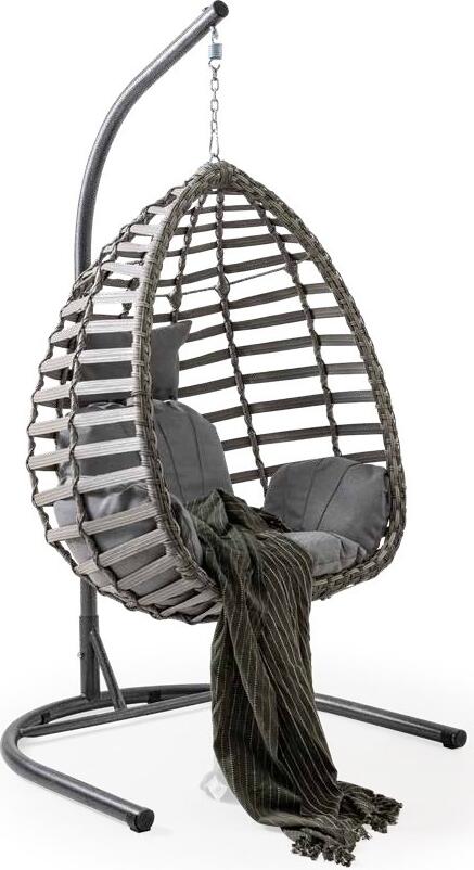 Fotoliu suspendat tip cocon Gumbet, Cafeniu, cu suport metalic si perne moi, design ergonomic impletit pentru interior si exterior, 120x115x210 cm, suport 130kg