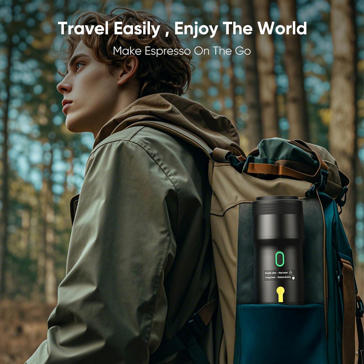 Meseto Портативная кофемашина 3 в 1, давление 20 бар, совместима с капсулами Nespresso, Dolce Gusto и молотым кофе, аккумулятор 7500 мАч, зарядка USB-C, функция нагрева воды, резервуар 60 мл, дорожная кофеварка для автомобиля, кемпинга и офиса