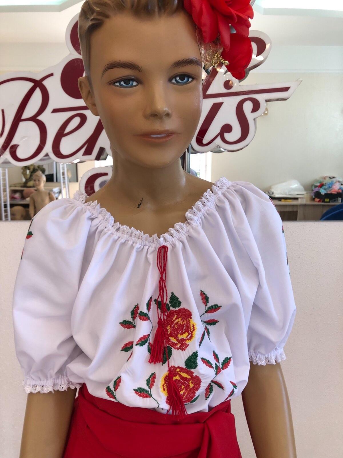 Benefis National Blouse J 0386(6049), White Shirt Fabric, Floral Rose Machine Embroidery, Lace Trim and Red Tassels, Puffy Short Sleeves