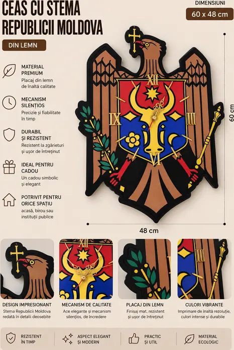 Ceas de perete decorativ Lemica cu stema Republicii Moldova, placaj din lemn de calitate, mecanism silențios, cifre romane aurii, Diametru 60 cm