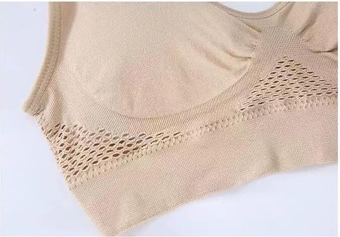 Women's Sports Crop Top Bra - Beige, 2XL, Wireless, Nylon Spandex, Wide Straps, Moisture-Wicking Mesh, Back Cutout, Yoga (60-100 cm)