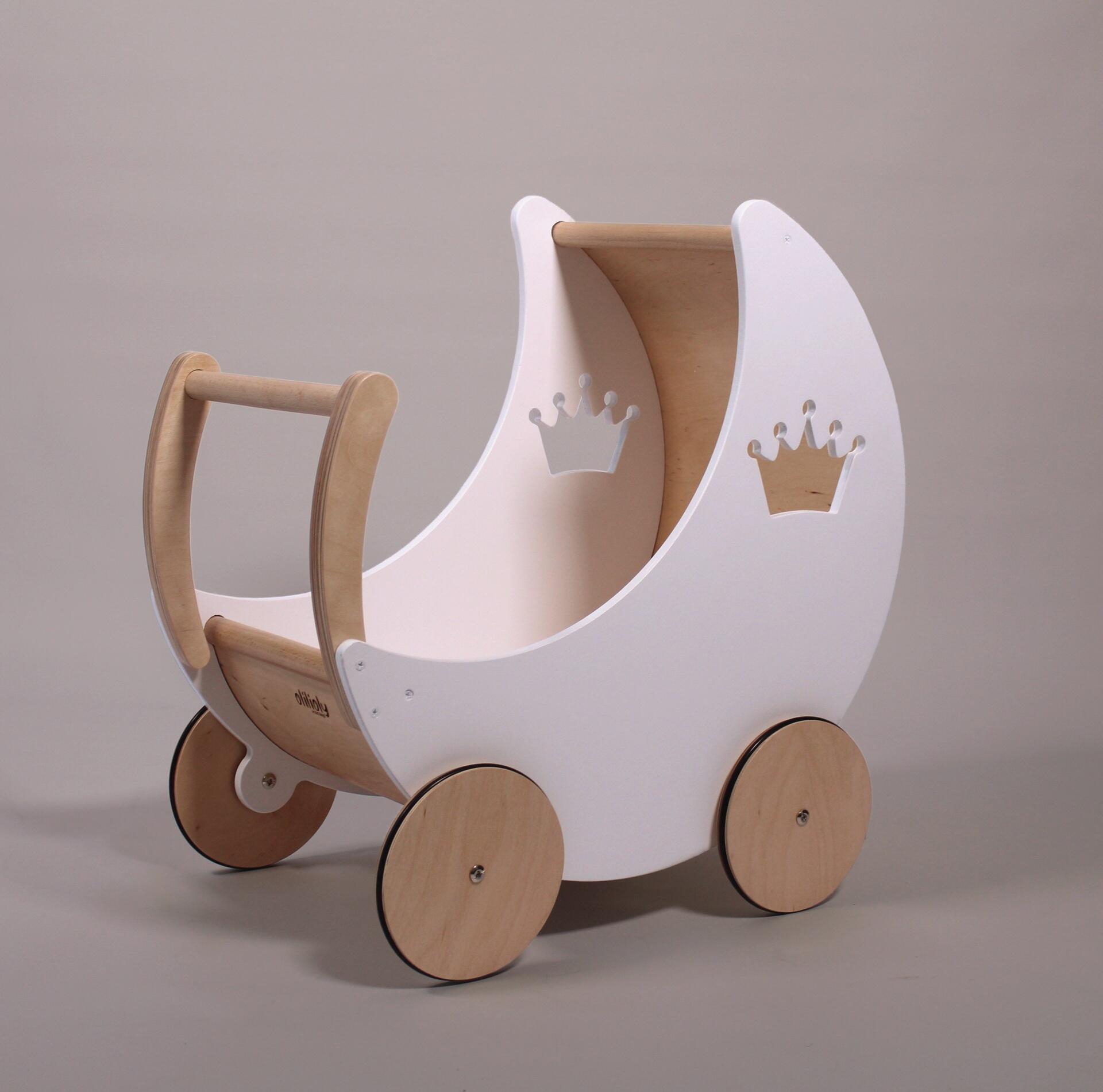 Căruțas pentru Păpuși și Walker din Lemn pentru Bebeluși, Gri, Jucărie de Rol din Lemn Masiv cu Roți cu Cauciuc, Design cu Coroană, Personalizabil cu Nume