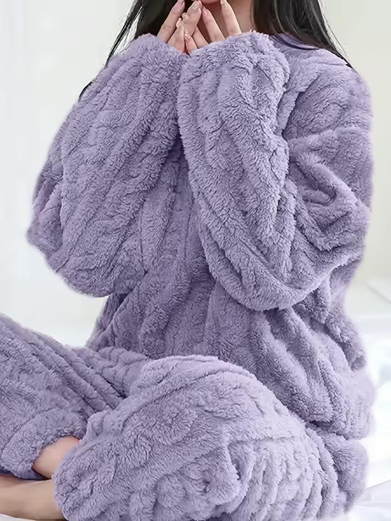 Set de pijamale din fleece pentru femei SANWOOD, violet, calduros, moale, cu mânecă lungă și pantaloni de lungime întreagă, haine de iarnă, haine de noapte