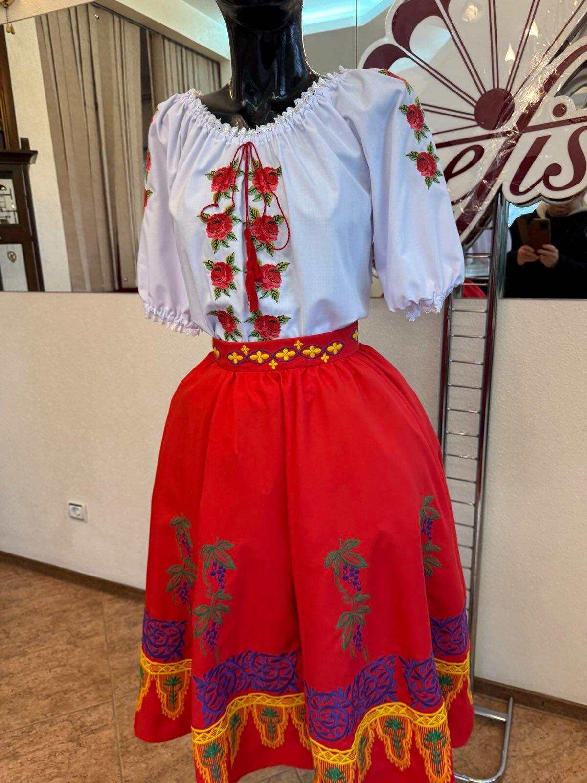 Benefis Moldovan National Traditional Skirt J 0363(4931) for Women, Red Natural Material with Grape and Vine Embroidery in Green, Purple, Yellow, and Blue