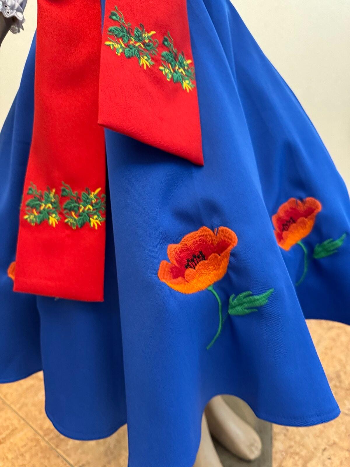 Benefis J 0361 Moldovan National Traditional Skirt for Women and Girls, Dark Blue with Red Poppy Floral Embroidery, Natural Materials