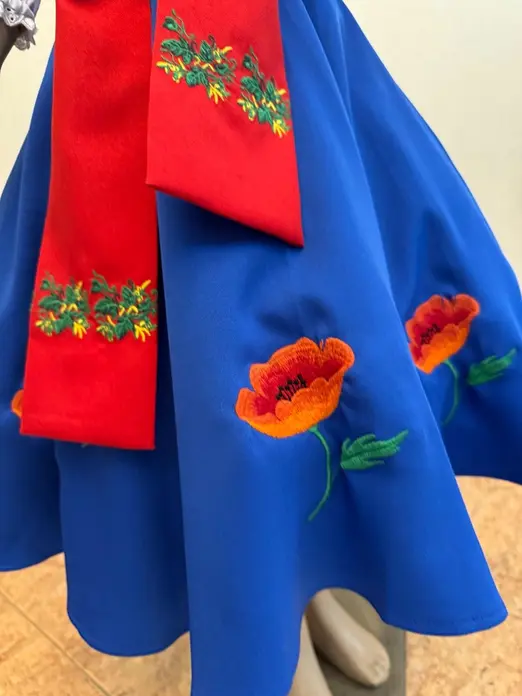 Benefis J 0361 Moldovan National Traditional Skirt for Women and Girls, Dark Blue with Red Poppy Floral Embroidery, Natural Materials