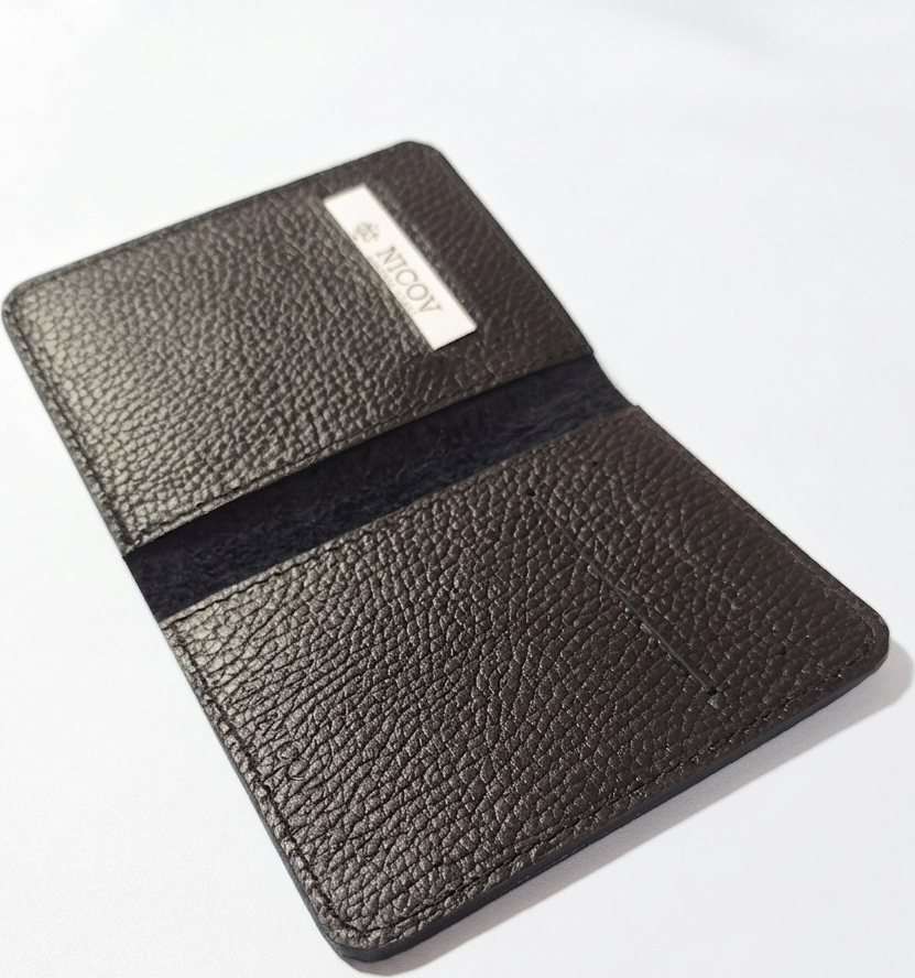 NICOV Letto Wallet in 100% Natural Leather, 11x9.5 cm, 4 Card Compartments, 2 Document Slots, 1 Money Compartment - Black with Embossing