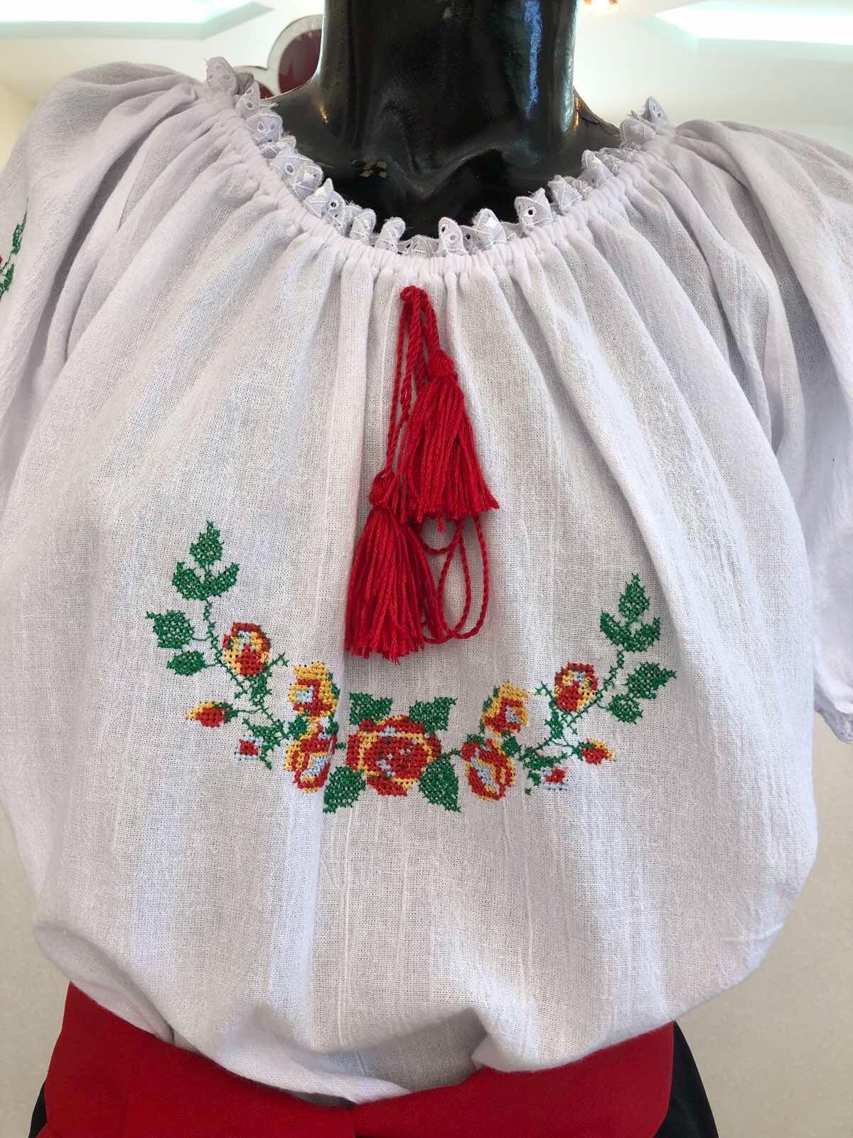 Benefis J 0391(4075) Women's Traditional Moldovan National Blouse, White Natural Cotton with Floral Machine Embroidery and Red Tassel