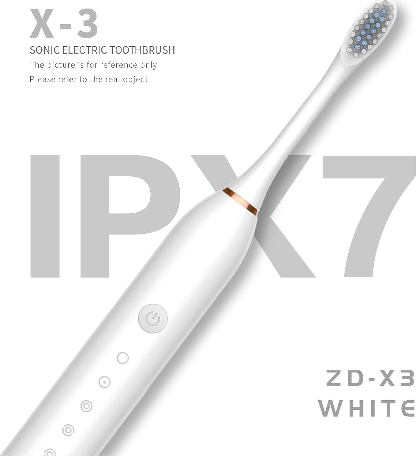 X3 Sonic Electric Toothbrush, IPX7 Waterproof, 42,000 Vibration/min, 5 Cleaning Modes, 30-Day Battery Life, 4 Replacement Heads, Smart Timer