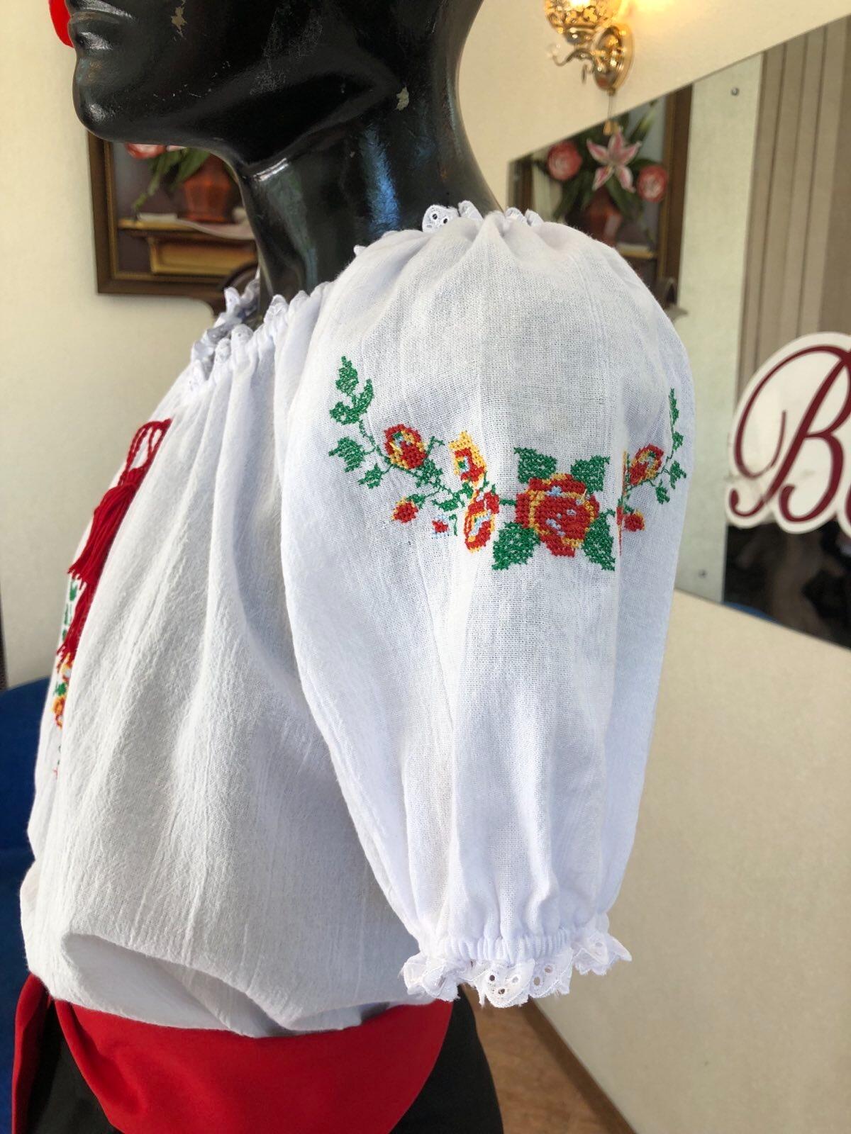Benefis J 0391(4075) Women's Traditional Moldovan National Blouse, White Natural Cotton with Floral Machine Embroidery and Red Tassel