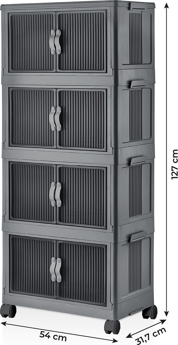 Plastic Organizer Cabinet with 4 Compartments and Wheels, 54x31.7x127 cm, Modern Compact Storage Unit for Bedroom, Bathroom, and Pantry