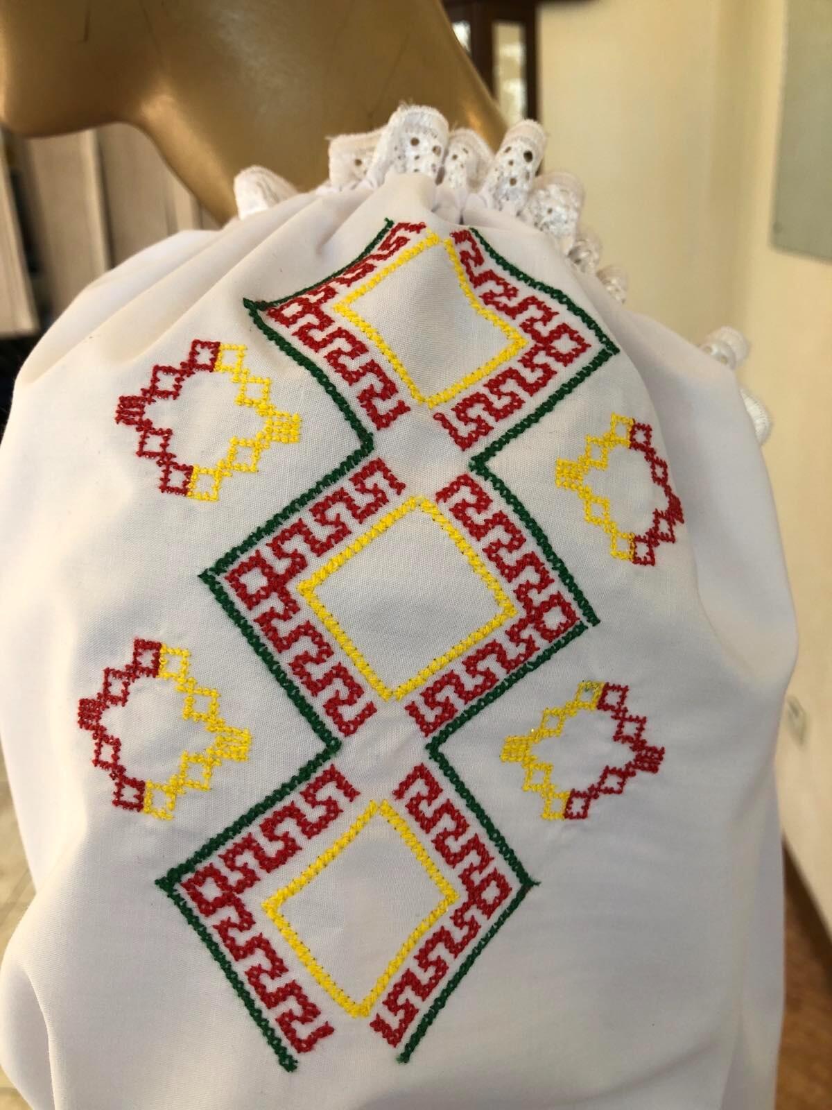Blaus National Benefis J 0385(6048), Material Camasa, Alb, Broderie Geometrica Mecanizata, Dantela si Snur cu Ciucure, Bust 86-92cm, Sold 94-99cm