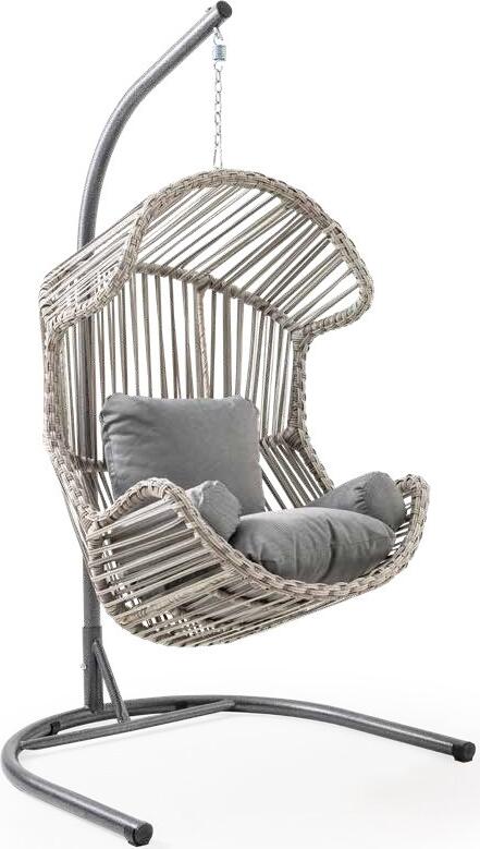 SUNYARD Akcay Single Cocoon Swing Hanging Egg Chair, White-Grey, Hand-Woven Artificial Rattan, Metal Frame, 130kg Capacity, 120x115x210 cm, with Soft Cushions