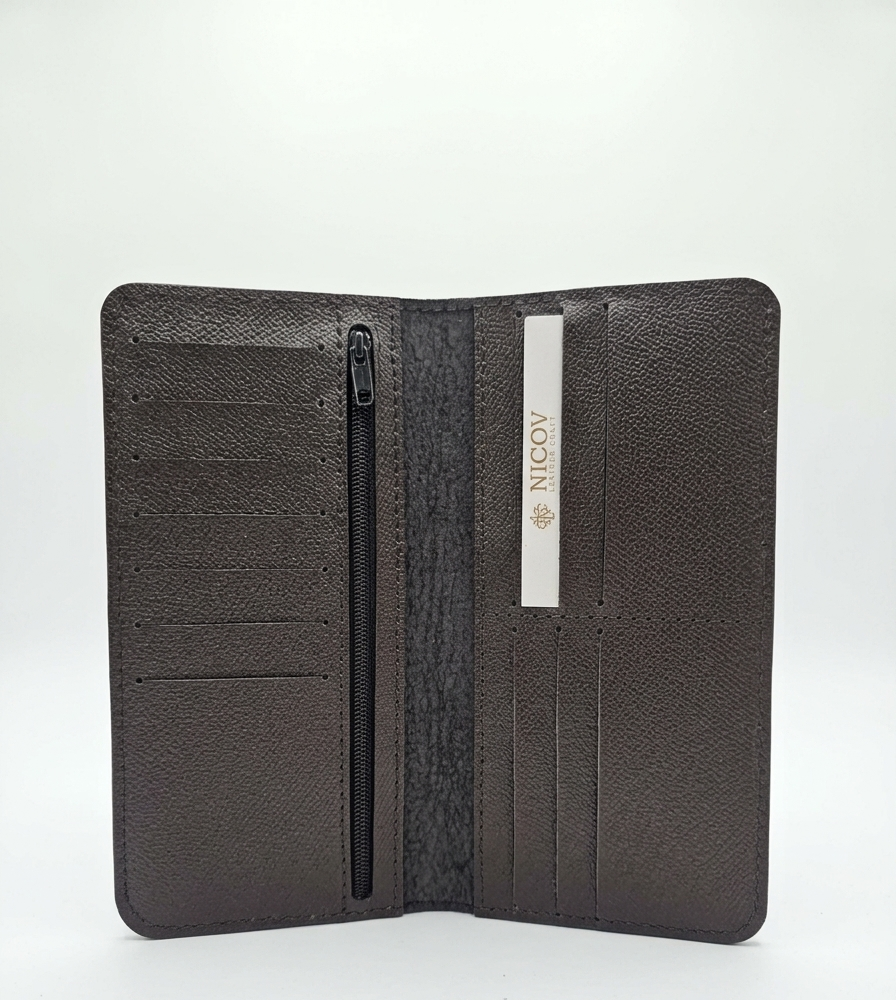 NICOV LONG Men's Wallet, Embossed Black, Natural Leather, 9x19 cm, 2 Banknote Compartments, 13 Card Slots, 1 Zipper Pocket, Open Design