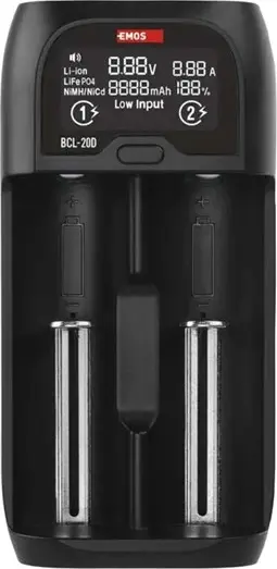 EMOS BCL-20D Universal Smart Battery Charger, 2 Slots, LCD Display, USB-C, for Li-ion, LiFePO4, NiMH, NiCd, 18650, 21700, AA, AAA, 1000mA