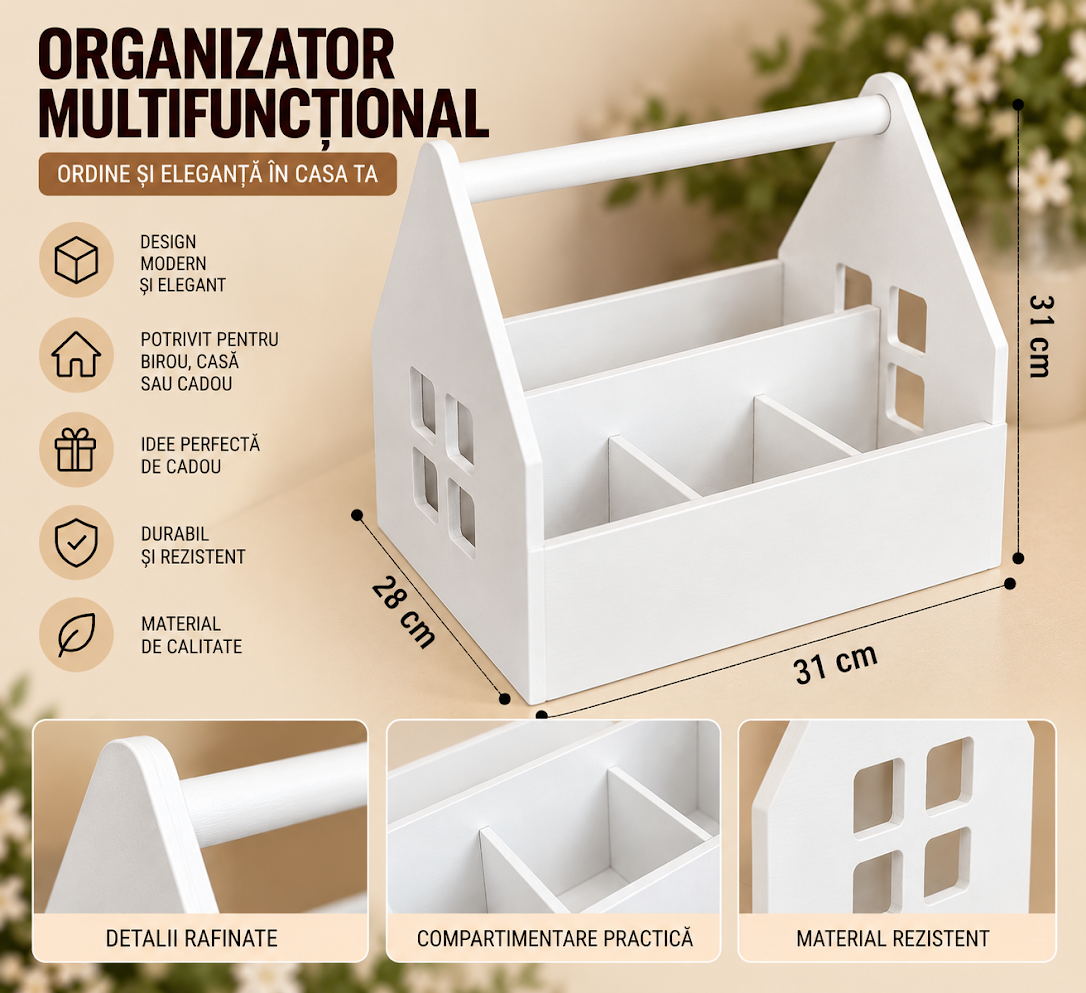 Lemica Multifunctional Organizer House-Shaped Wooden Storage Box with Handle and Dividers, 31 x 31 x 28 cm, White