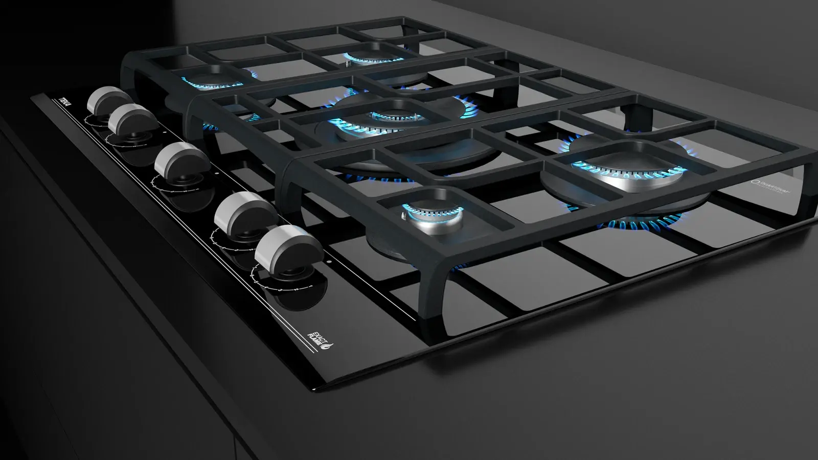 Teka GZC 75330 Gas on Glass Hob, 5 Burners with ExactFlame Control, SABAF High-Efficiency Burners, Cast Iron Grids, Night River Black Ceramic Glass