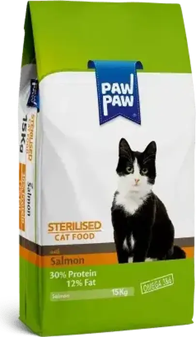 Pawpaw Adult Sterilised Complete Dry Cat Food with Salmon for Sterilized and Castrated Adult Cats, 15 kg