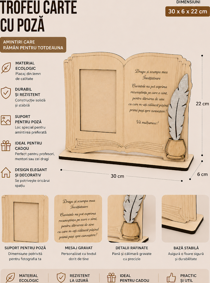 Trofeu Lemica Rama Foto Forma de Carte, Placaj Eco-Friendly, 30 x 6 x 22 cm, cu Mesaj Gravat Personalizat si Decor Penita cu Cerneala