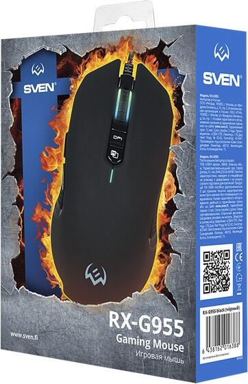 SVEN RX-G955 Programmable Gaming Mouse, Pixart 3050 Sensor, 4000 DPI, 8 Buttons, RGB Backlight, Internal Memory, Braided Cable, Soft-Touch