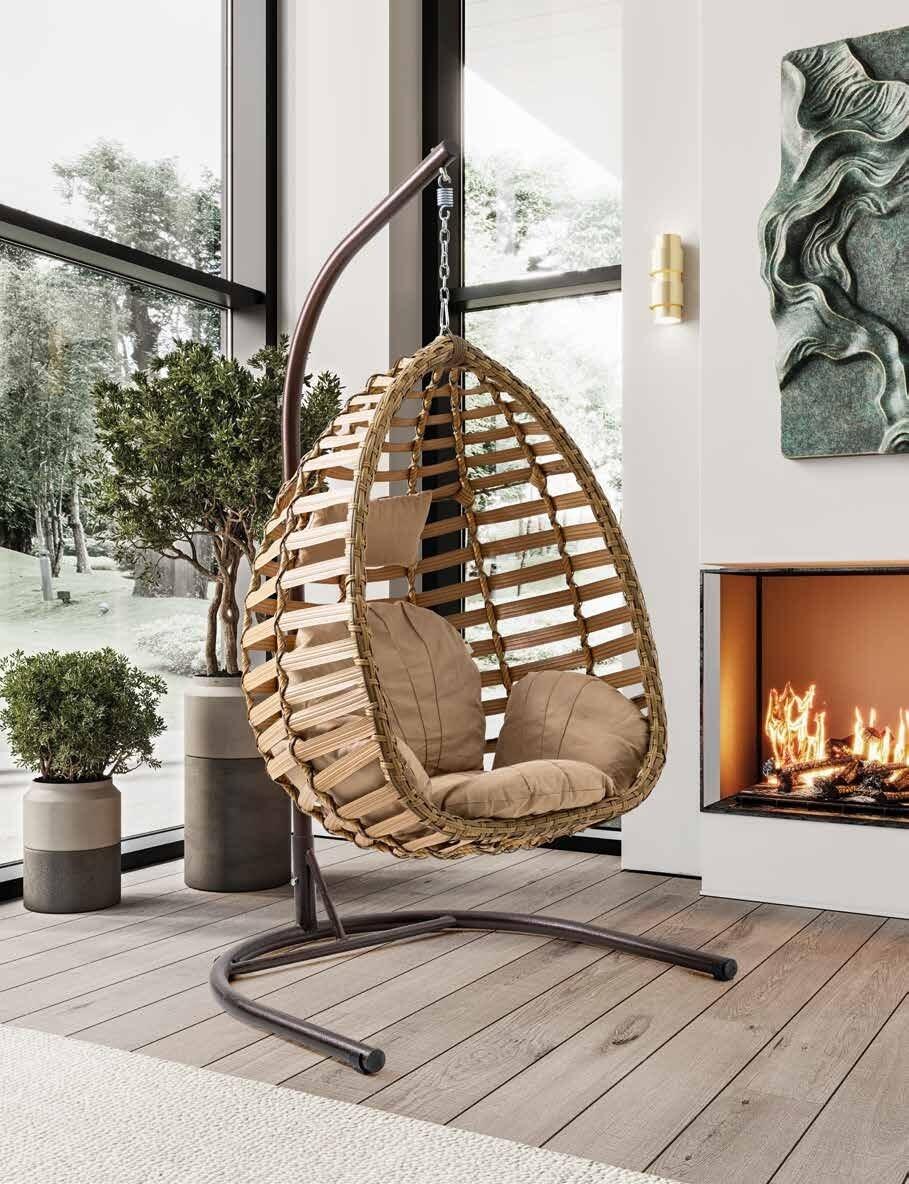 Fotoliu suspendat tip cocon Gumbet, Cafeniu, cu suport metalic si perne moi, design ergonomic impletit pentru interior si exterior, 120x115x210 cm, suport 130kg
