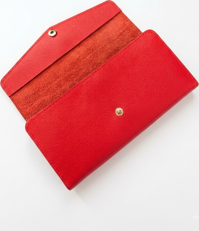 NICOV Double Angle Ladies Wallet, Red, Handmade Natural Leather, 20x10 cm, 4 Banknote Compartments, 14 Card Slots, Zippered Coin Pocket, Button Closure