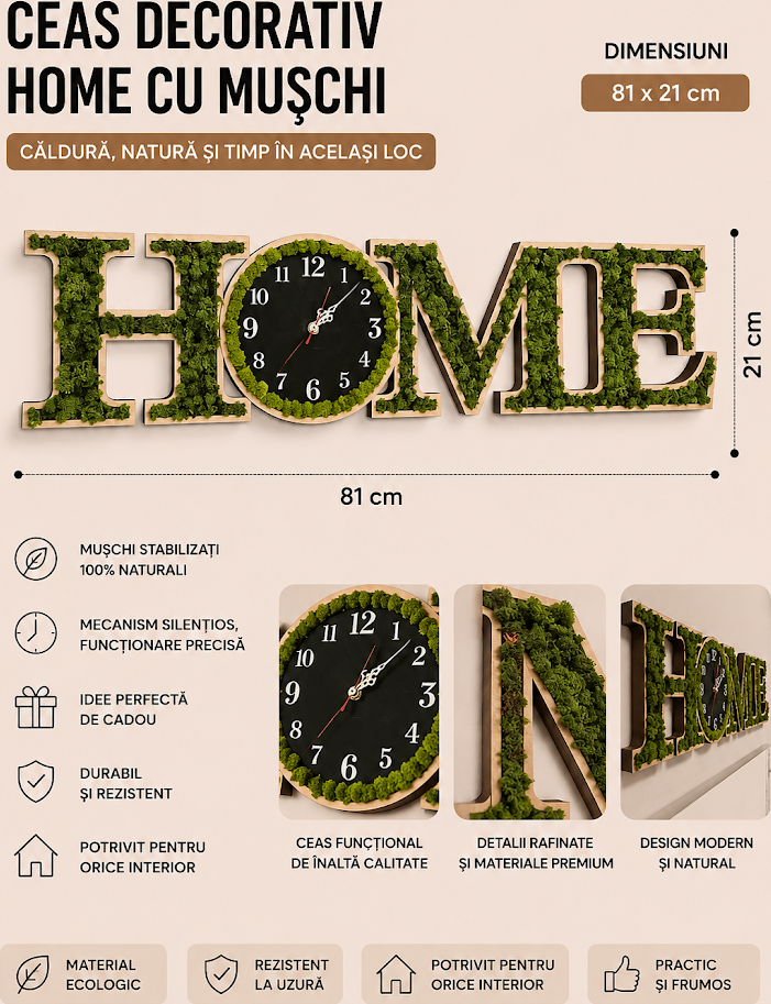 Lemica HOME Decorative Wall Clock, Natural Wood and Stabilized Moss, Silent Mechanism, 81 x 21 cm, Modern Ecological Home Decor