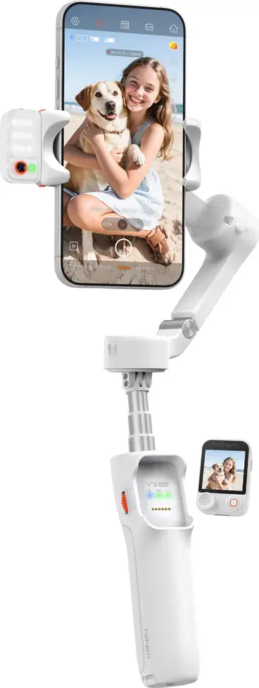Hohem iSteady V3 Ultra 3-Axis Smartphone Gimbal Stabilizer with Detachable Touchscreen Remote, AI Tracking, Fill Light and Extension Rod - Arctic White