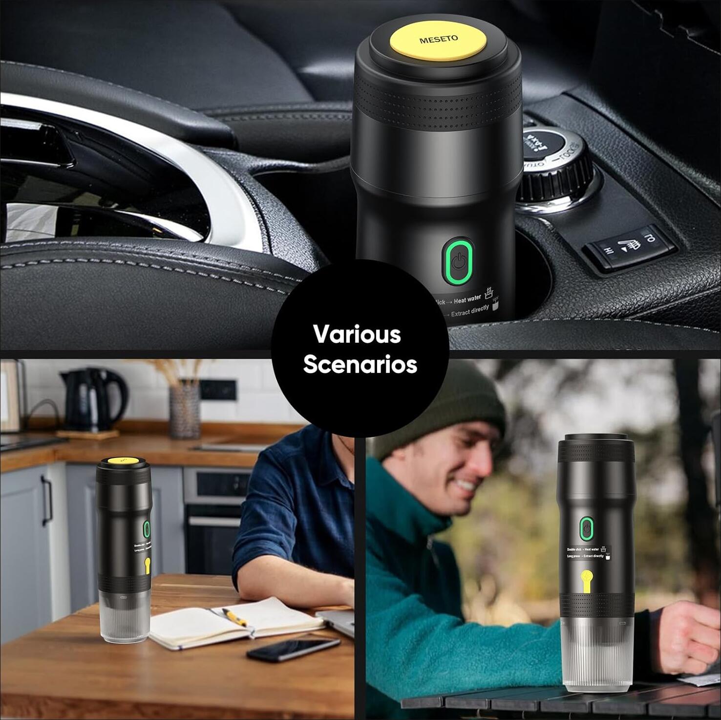 Meseto Портативная кофемашина 3 в 1, давление 20 бар, совместима с капсулами Nespresso, Dolce Gusto и молотым кофе, аккумулятор 7500 мАч, зарядка USB-C, функция нагрева воды, резервуар 60 мл, дорожная кофеварка для автомобиля, кемпинга и офиса