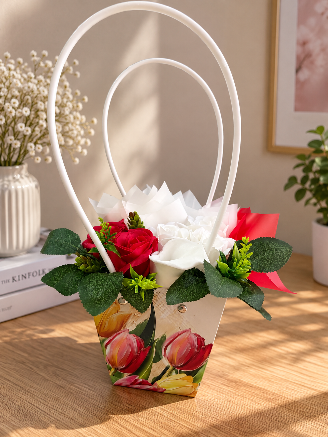 FL2002 Scented Soap Foam Floral Arrangement with Roses and Calla Lilies, Red and White Decorative Flowers in Gift Box with Handles