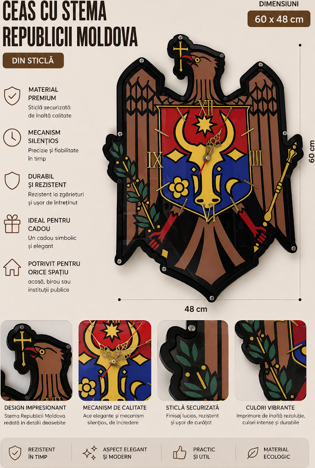 Lemica Decorative Wall Clock with Republic of Moldova Coat of Arms, Tempered Glass, Silent Mechanism, Diameter 60 cm