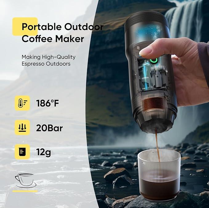 Meseto Портативная кофемашина 3 в 1, давление 20 бар, совместима с капсулами Nespresso, Dolce Gusto и молотым кофе, аккумулятор 7500 мАч, зарядка USB-C, функция нагрева воды, резервуар 60 мл, дорожная кофеварка для автомобиля, кемпинга и офиса