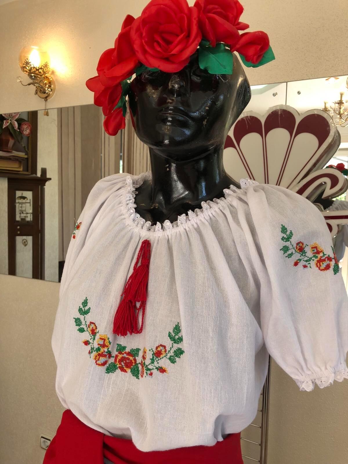 Benefis J 0391(4075) Women's Traditional Moldovan National Blouse, White Natural Cotton with Floral Machine Embroidery and Red Tassel