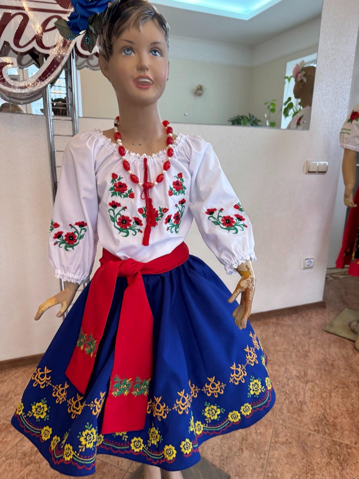 Benefis J 0113 Moldovan National Skirt Set of 2 for Girls, Blue with Floral Embroidery, Natural Materials, includes Tulle Petticoat