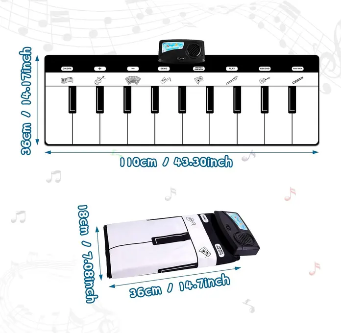 Toddler Instrument Covoraș Muzical Pian pentru Copii, 110x36cm, 10 Clape, 8 Instrumente, 5 Moduri, Jucărie Educativă Pliabilă, Vârstă 1-3 Ani