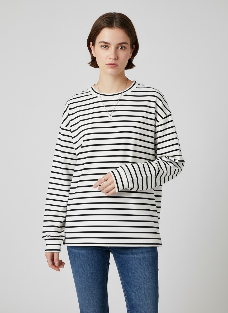 Lonsliv Pulover Lung cu Mânecă pentru Femei - Oversize Căptușit, Model Telnyashka cu Dungi Orizontale, Material 45% Bumbac 50% Poliester 5% Spandex, Iarnă
