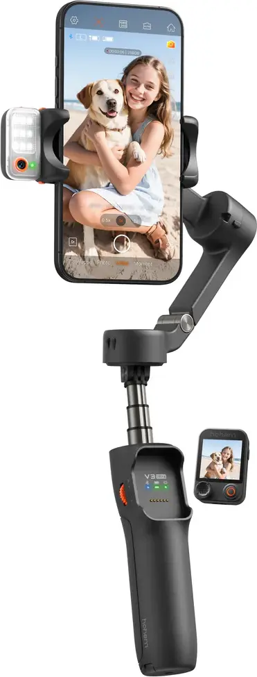 Hohem iSteady V3 Ultra 3-Axis Smartphone Gimbal Stabilizer with Detachable Touchscreen Remote, AI Tracking, Fill Light and Extension Rod - Shadow Black