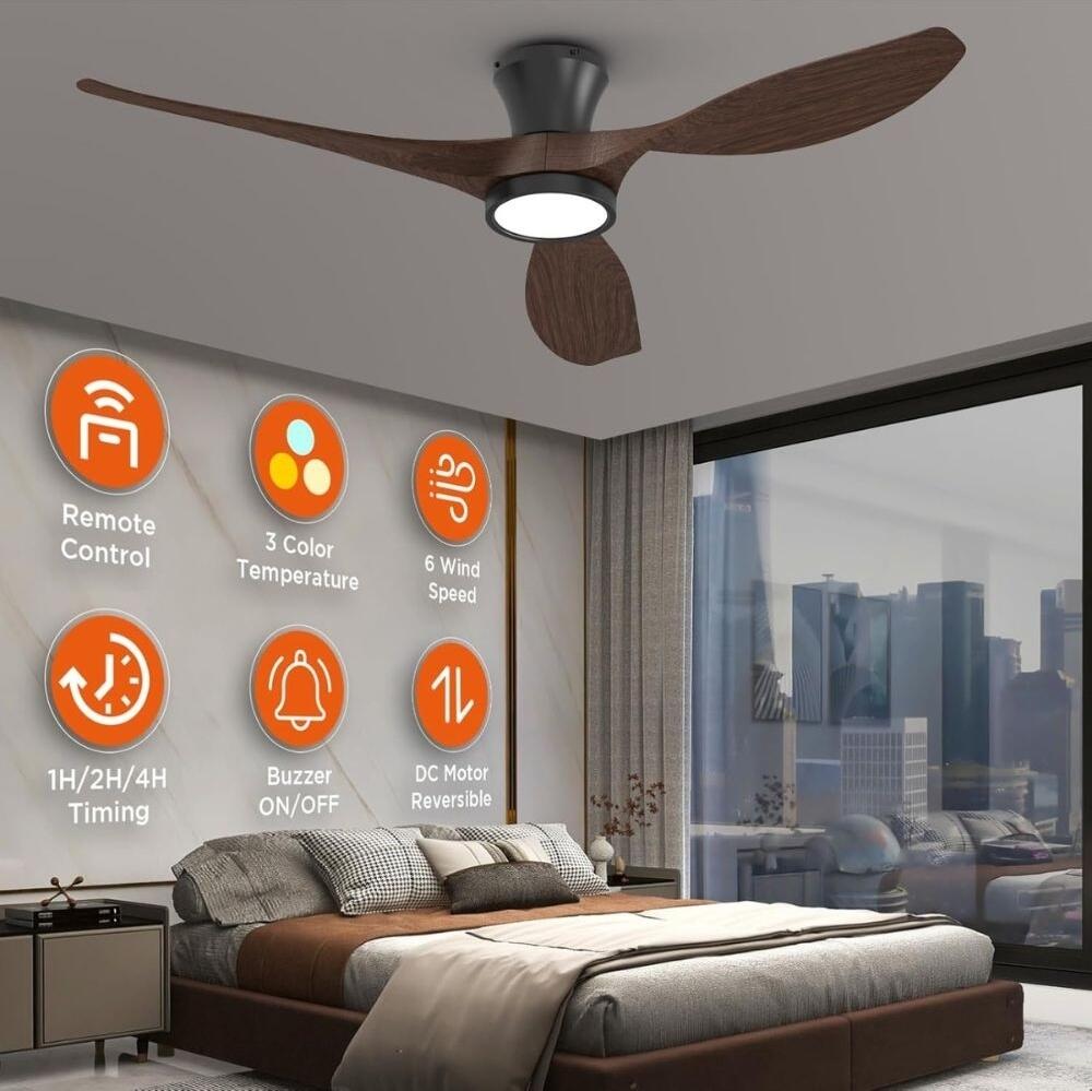 Ventilator de tavan ProLed PRO-YUE-M301-3, 132cm, Motor DC 45W, 3 Pale Aspect Lemn, Lumină LED 3 Culori, Telecomandă, Funcționare Silențioasă