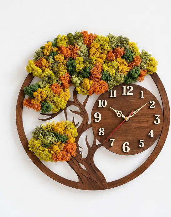 Ceas de perete Lemica din muschi stabilizat, design in forma de copac, rama din lemn natural gravat, muschi natural 100%, mecanism silențios, 40-50 cm, personalizabil - Tomnatic / 50 cm / Silențios / Placaj de lemn și mușchi stabilizat