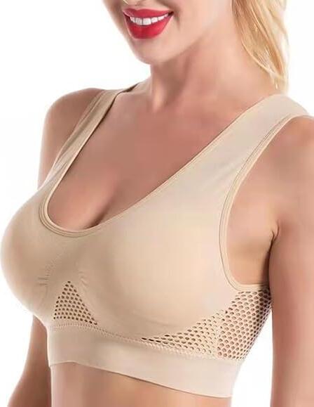 Women's Sports Crop Top Bra - Beige, 2XL, Wireless, Nylon Spandex, Wide Straps, Moisture-Wicking Mesh, Back Cutout, Yoga (60-100 cm)