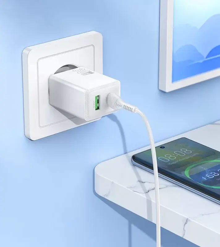Hoco N71 New Wall Charger PD 30W + QC 3.0 Dual Port USB-C and USB-A Fast Charging Adapter EU Plug White