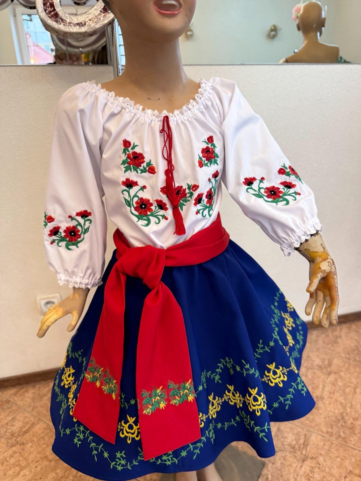 Fustă tradițională națională moldovenească pentru copii Benefis J 0374(4942), Albastru Regal, Materiale Naturale, Broderie Florală, Mărime M