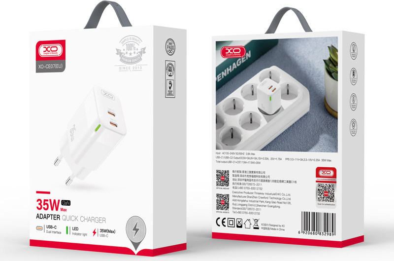 XO CE07 35W GaN Dual USB-C Wall Charger, PD 3.0 PPS Fast Charging, LED Display, EU Plug, White