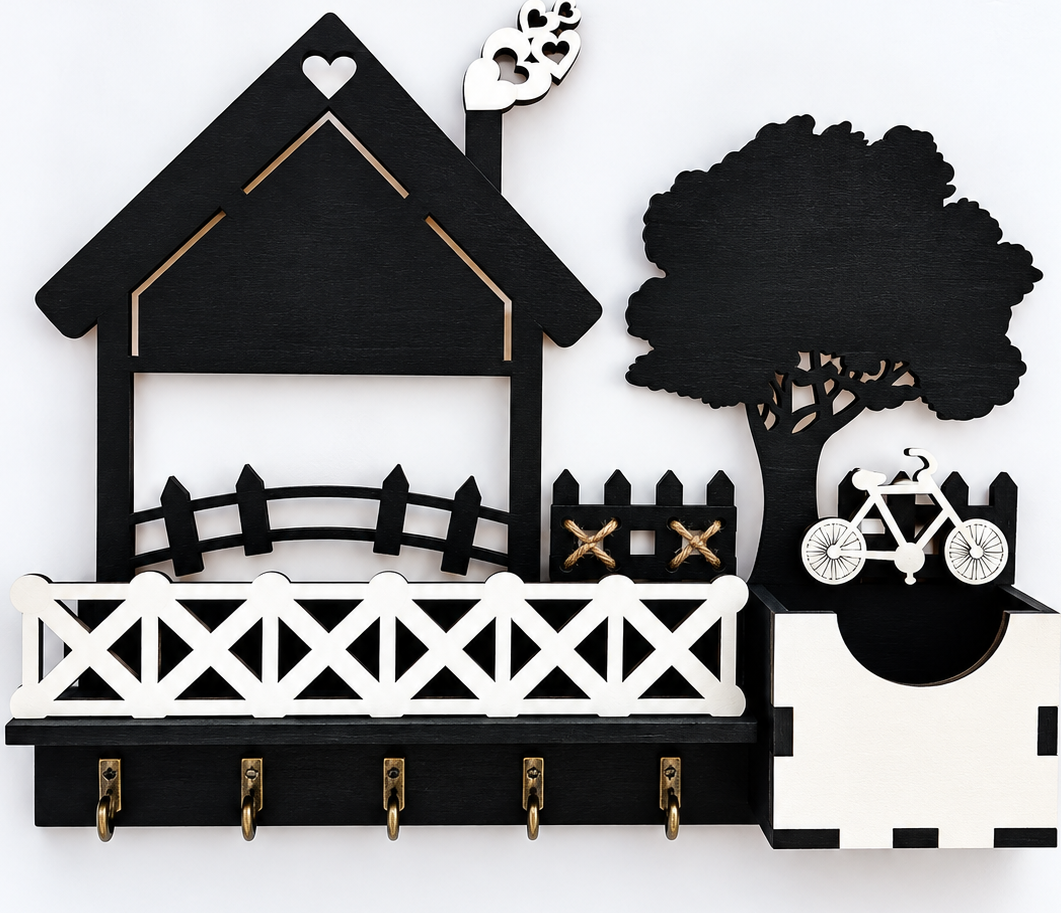 Lemica Wall Key Holder House Design with Tree and Bicycle, Natural Wood, 40x32 cm, 5 Metal Hooks with Accessory Storage Compartment, Black and White