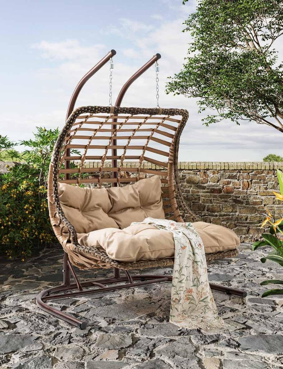 SunYard Bodrum Double Cocoon Swing, Grey, 2 Person Garden Hanging Chair, Hand-Woven Artificial Rattan, Metal Frame, 165x115x210 cm, Max Load 230 kg