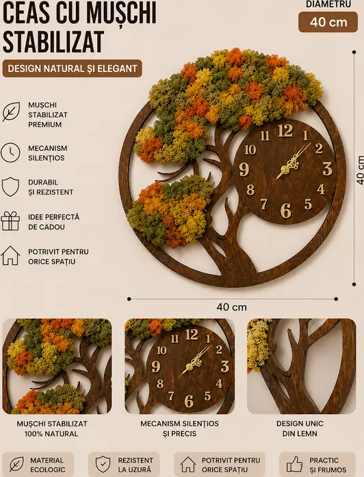 Lemica Stabilized Moss Wall Clock, Tree-shaped Design, Natural Engraved Wood Frame, 100% Natural Moss, Silent Mechanism, 40 cm, Brown, Customizable