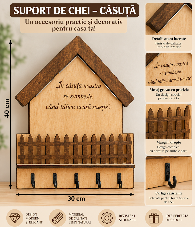 Suport Chei Lemica Decorativ din Lemn Natural, Forma de Casita cu Gard, 30x40 cm, 5 Culigi Metalici, Raft Integrat, Maro si Bej