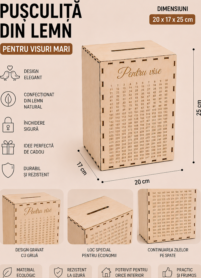 Деревянная копилка Lemica Pentru vise из натуральной фанеры, 20x17x25 см, с лазерной гравировкой таблицы сбережений 1-158, экологичный прямоугольный дизайн