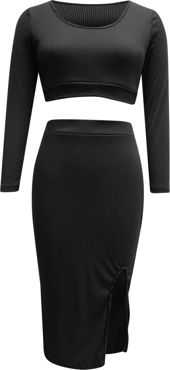 Elegant Two-Piece Knit Set - Long Sleeve Top & Long Slit Skirt, Soft Elastic Fabric, Black, Size L, Versatile Office to Evening Wear